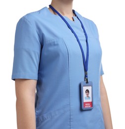 Photo of Medical assistant with badge on white background, closeup