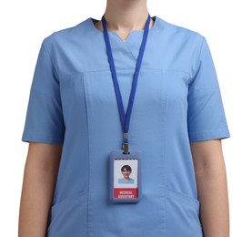 Photo of Medical assistant with badge on white background, closeup