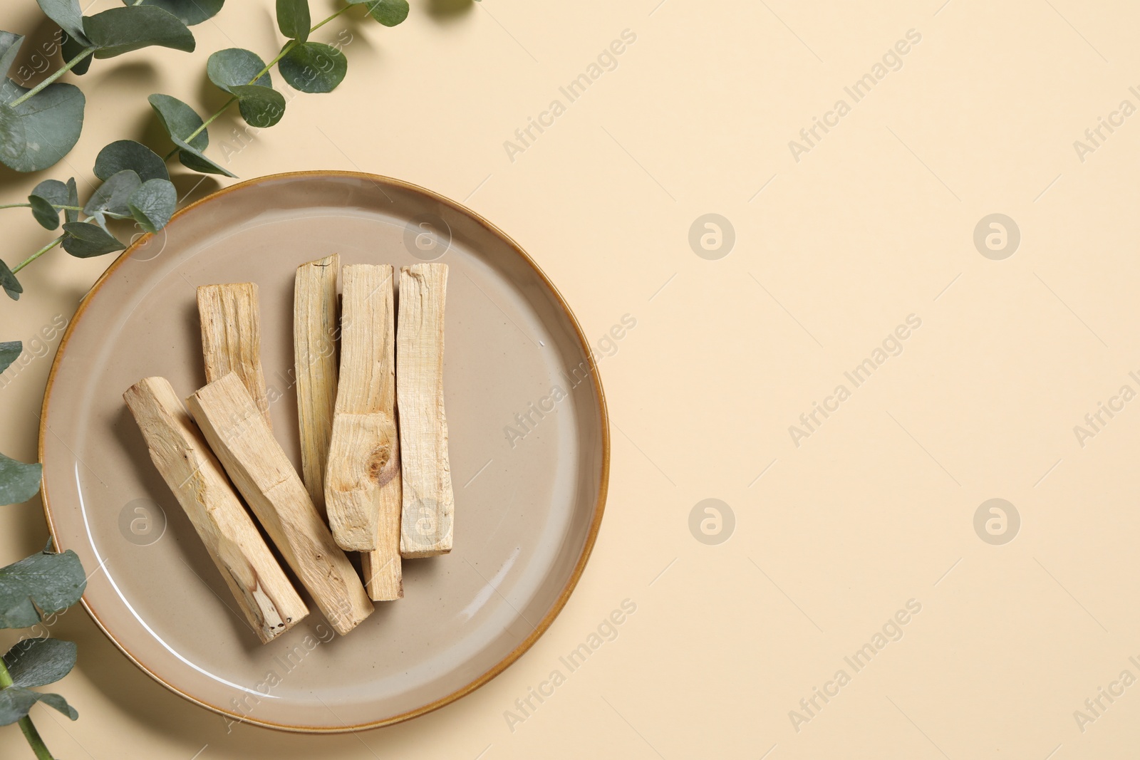 Photo of Palo santo sticks and eucalyptus branches on beige background, flat lay. Space for text