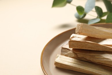 Photo of Palo santo sticks and eucalyptus branch on beige background, closeup. Space for text