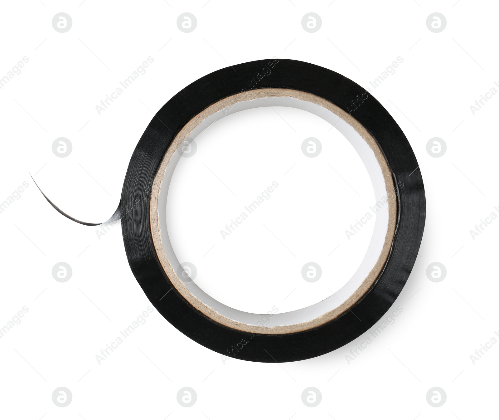 Photo of Roll of black adhesive tape isolated on white, top view