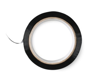 Roll of black adhesive tape isolated on white, top view