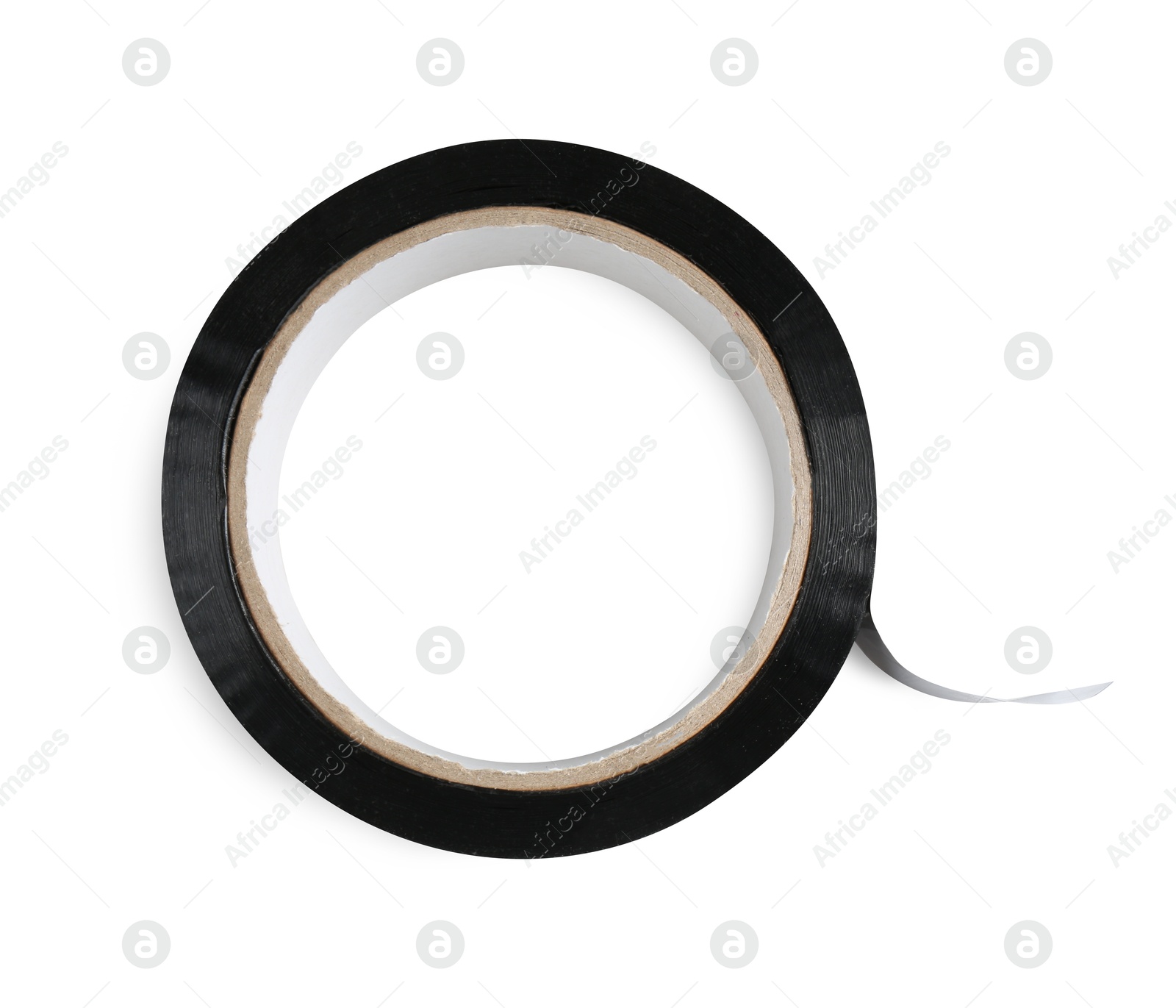 Photo of Roll of black adhesive tape isolated on white, top view