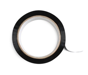 Photo of Roll of black adhesive tape isolated on white, top view