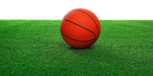 Photo of One basketball ball on green grass against white background. Sport equipment