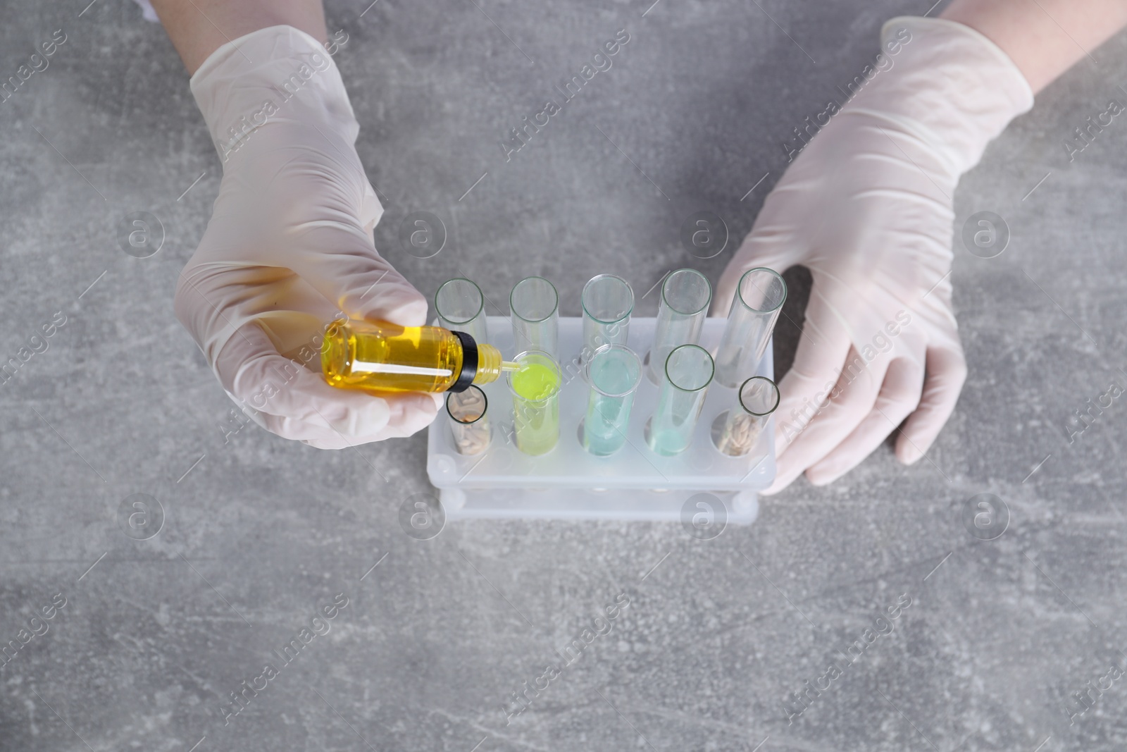 Photo of Laboratory testing. Scientist dripping sample into test tube at grey table, above view