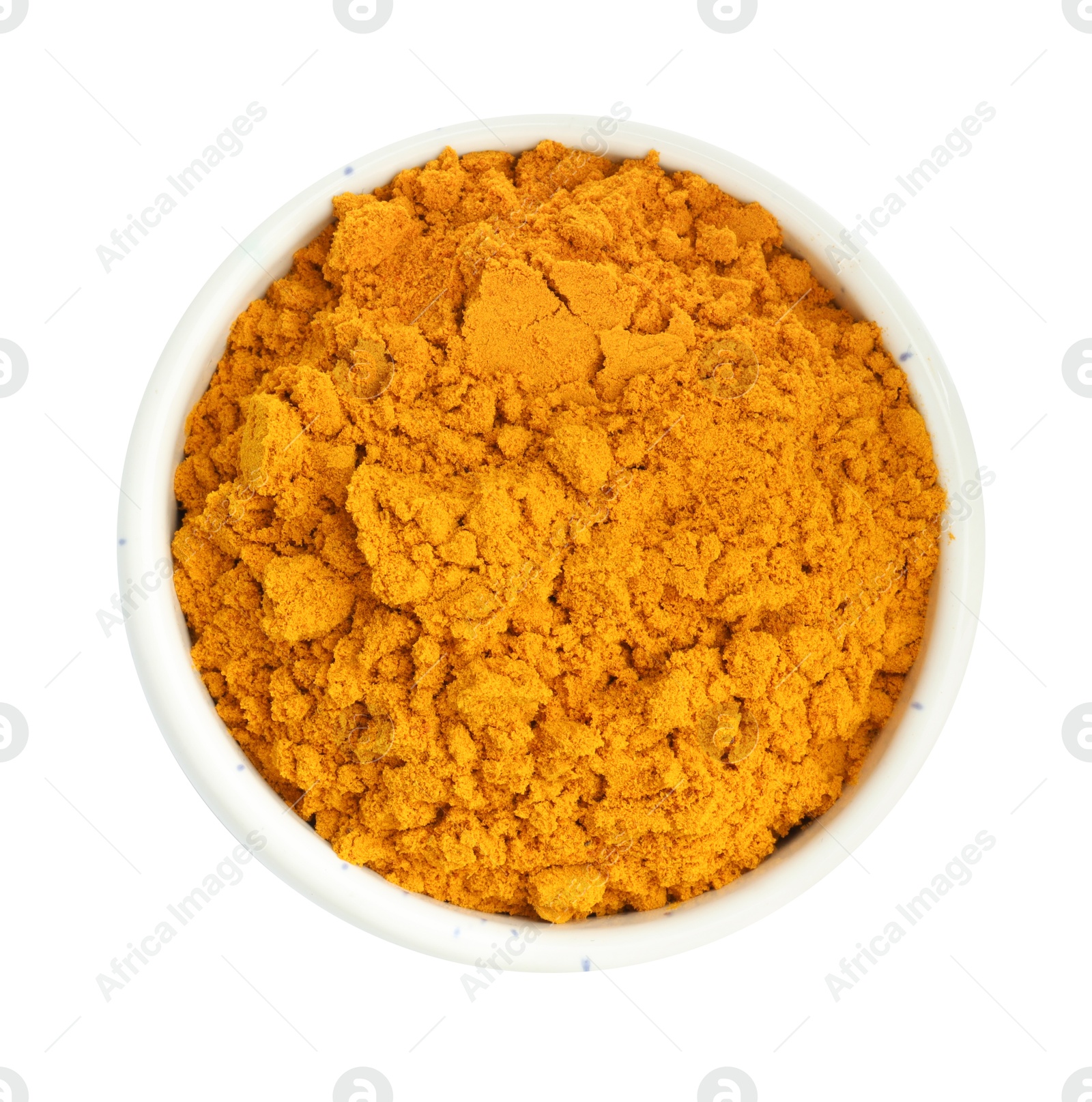 Photo of Turmeric powder in bowl isolated on white, top view