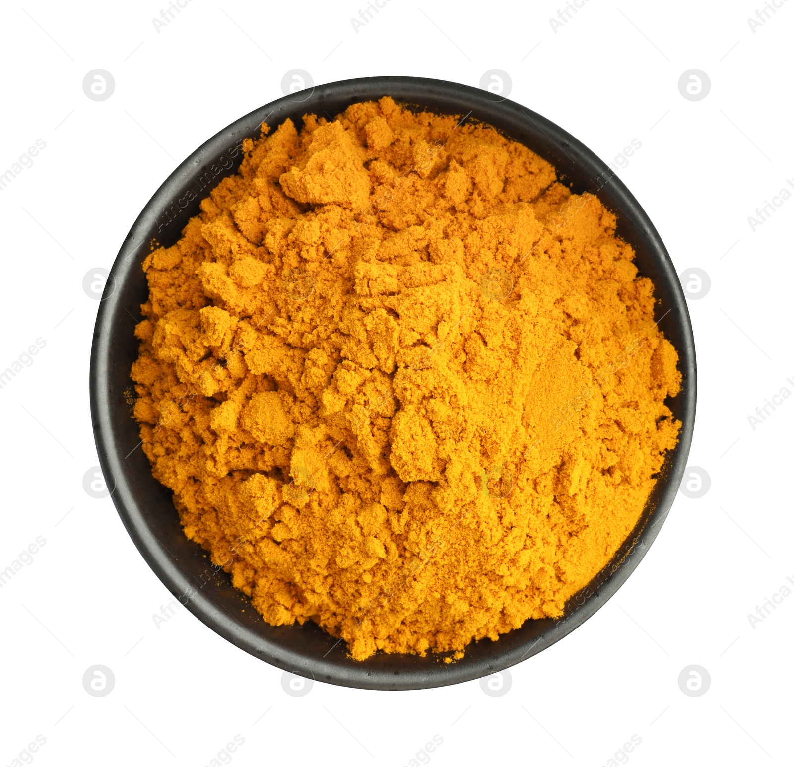 Photo of Turmeric powder in bowl isolated on white, top view