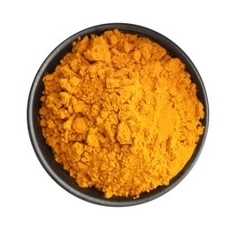 Photo of Turmeric powder in bowl isolated on white, top view