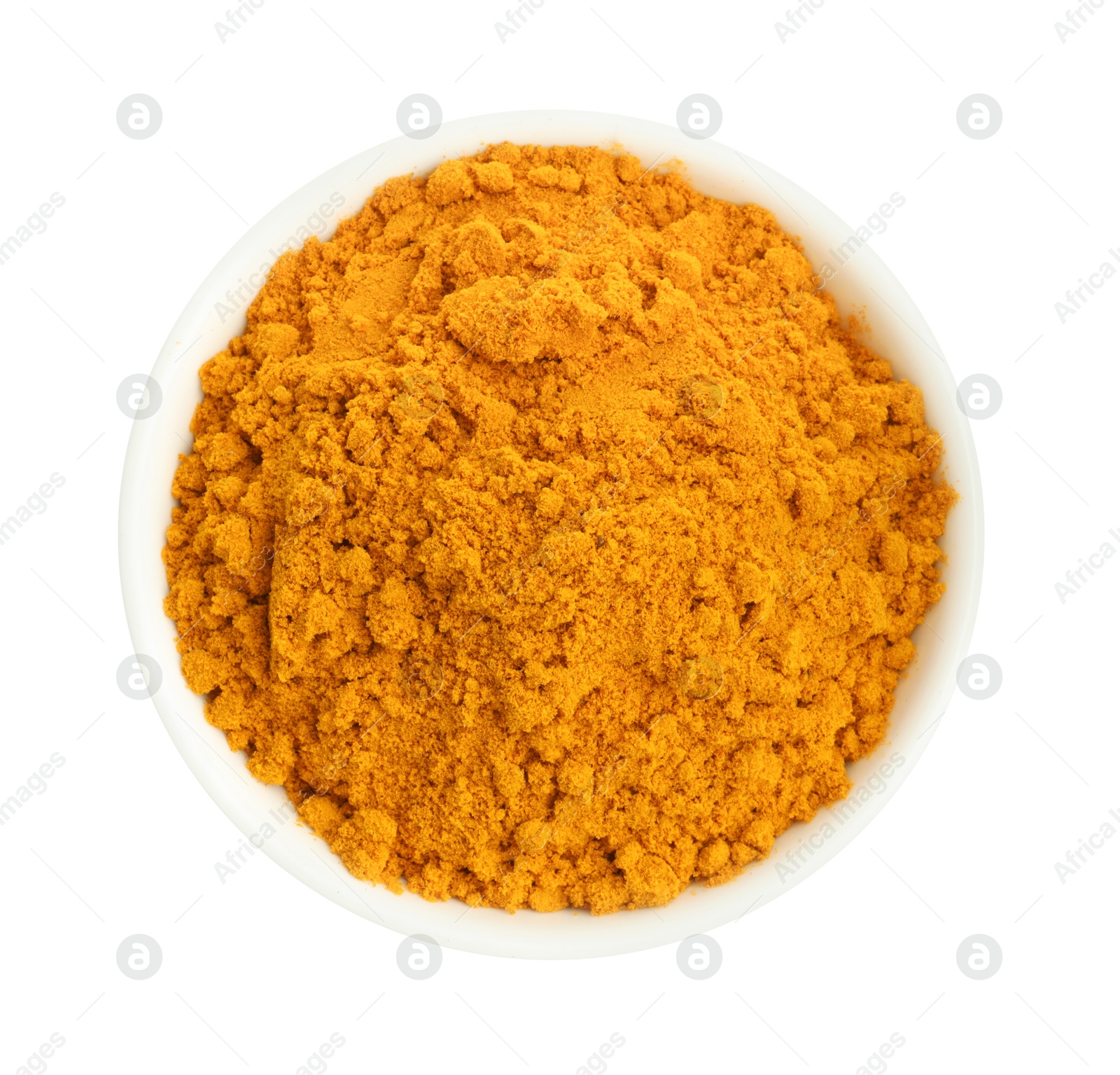 Photo of Turmeric powder in bowl isolated on white, top view