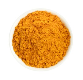 Photo of Turmeric powder in bowl isolated on white, top view