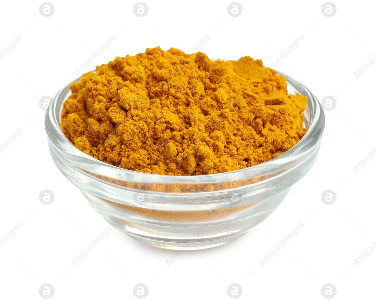 Photo of Turmeric powder in bowl isolated on white