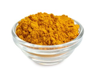 Photo of Turmeric powder in bowl isolated on white