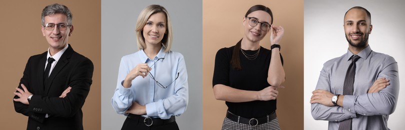 Business people, collage. Portraits on different colors backgrounds