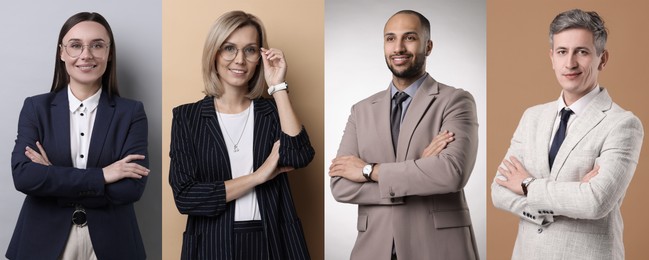 Business people, collage. Portraits on different colors backgrounds