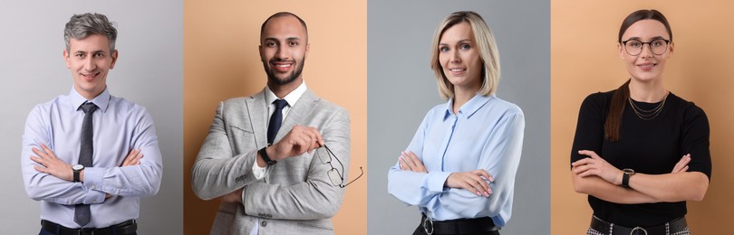 Business people, collage. Portraits on different colors backgrounds