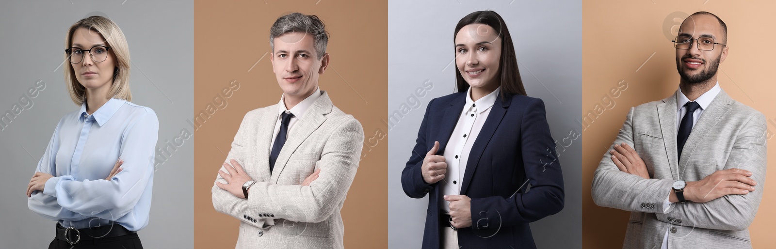 Image of Business people, collage. Portraits on different colors backgrounds