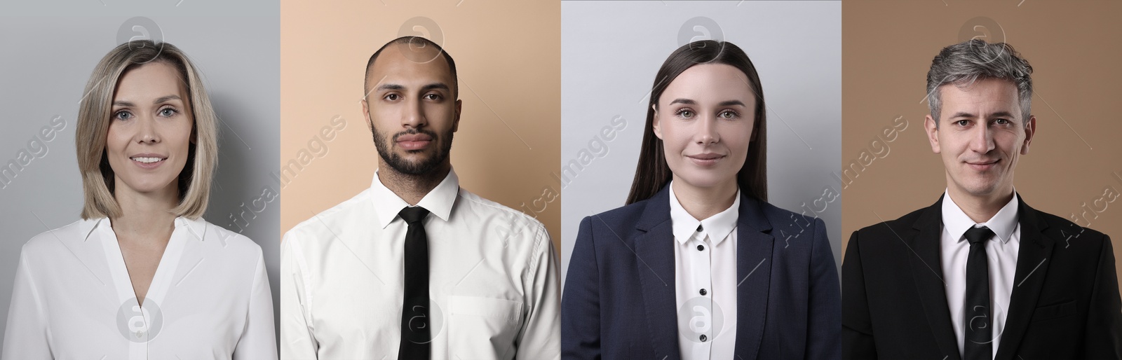 Image of Business people, collage. Portraits on different colors backgrounds