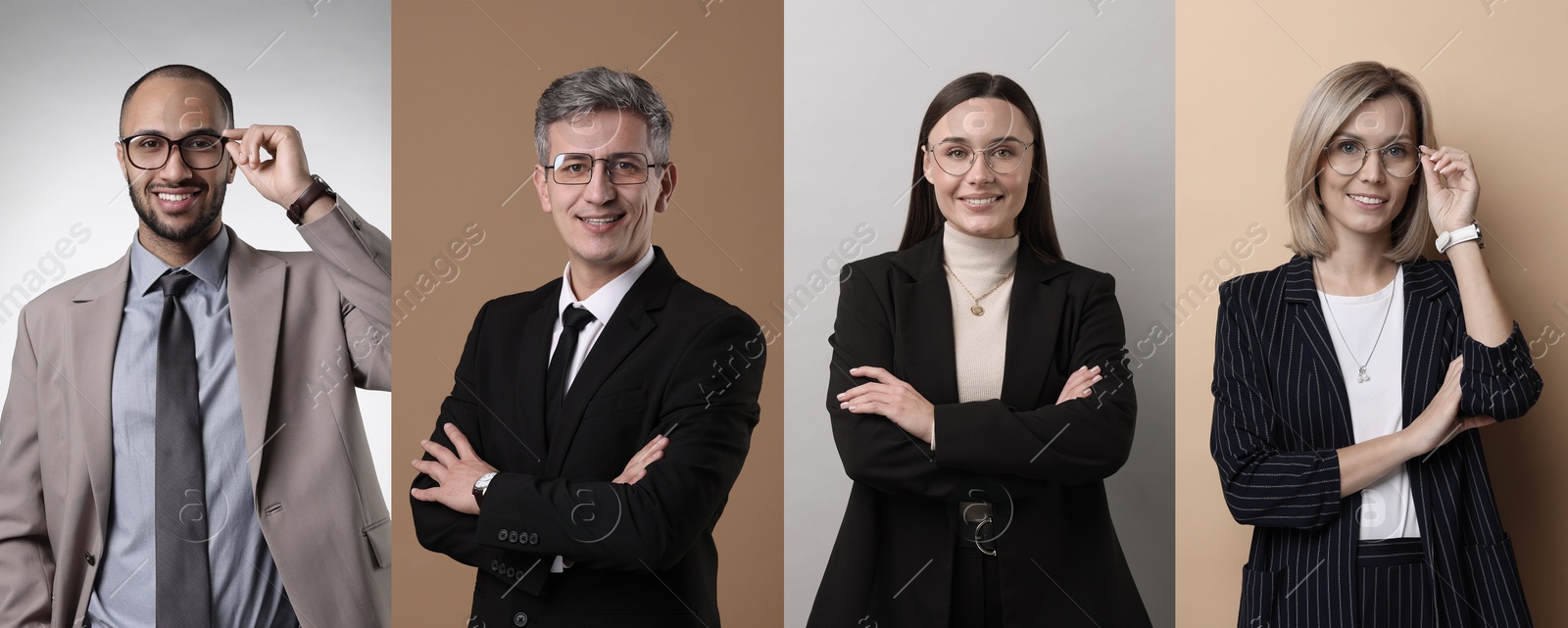 Image of Business people, collage. Portraits on different colors backgrounds