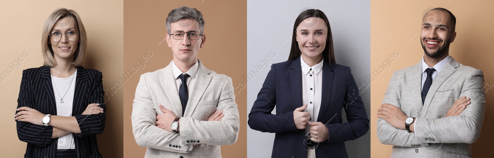 Image of Business people, collage. Portraits on different colors backgrounds