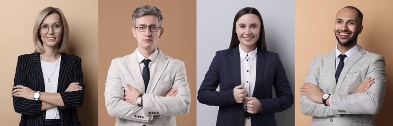 Business people, collage. Portraits on different colors backgrounds