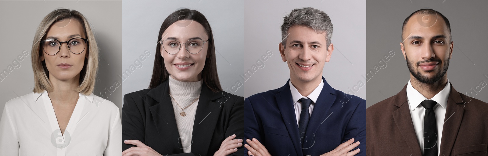 Image of Business people, collage. Portraits on different colors backgrounds