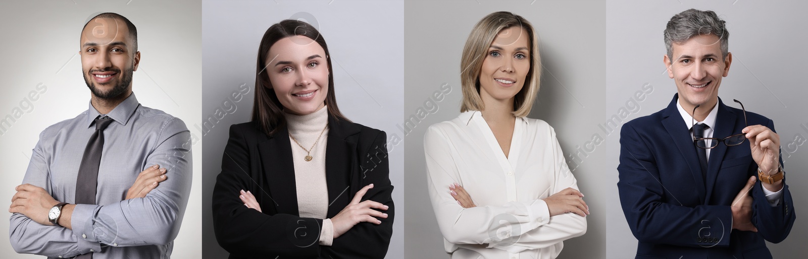 Image of Business people, collage. Portraits on grey background