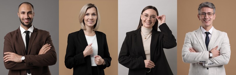 Business people, collage. Portraits on different colors backgrounds