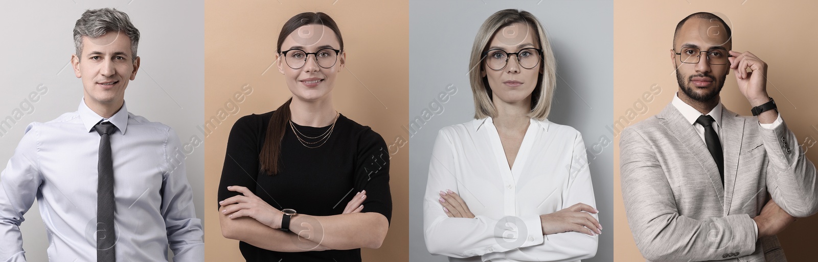 Image of Business people, collage. Portraits on different colors backgrounds