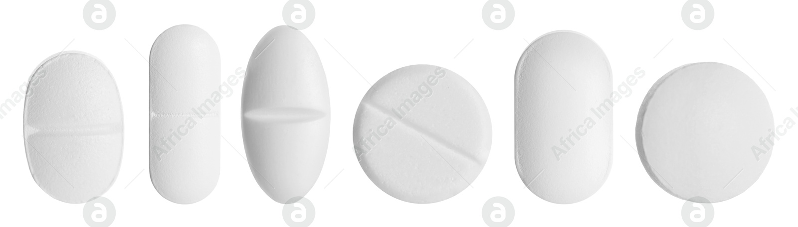 Different pills in row isolated on white, set Image of Different pills in row isolated on white, set