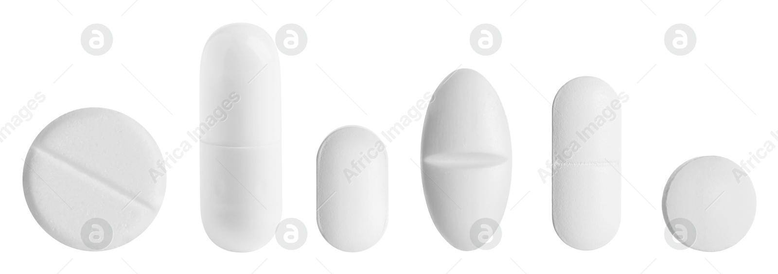 Different pills in row isolated on white, set Image of Different pills in row isolated on white, set