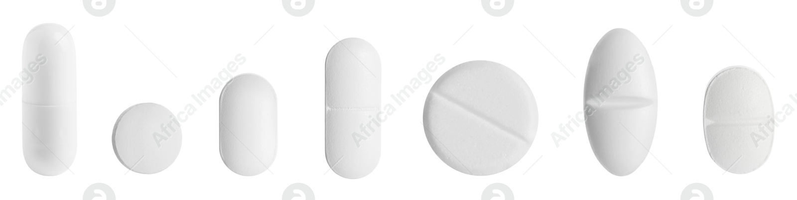 Different pills in row isolated on white, set Image of Different pills in row isolated on white, set