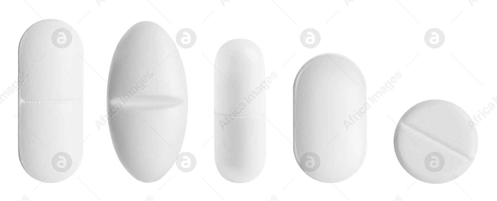 Different pills in row isolated on white, set Image of Different pills in row isolated on white, set