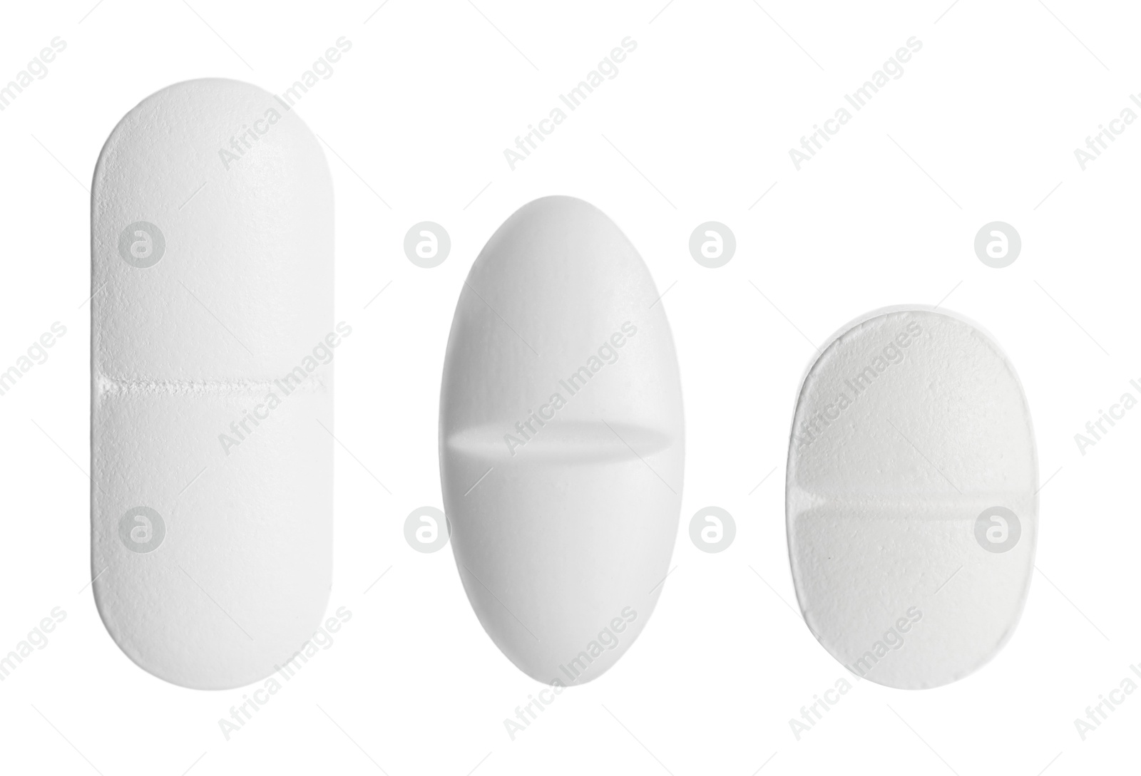Different pills in row isolated on white, set Image of Different pills in row isolated on white, set