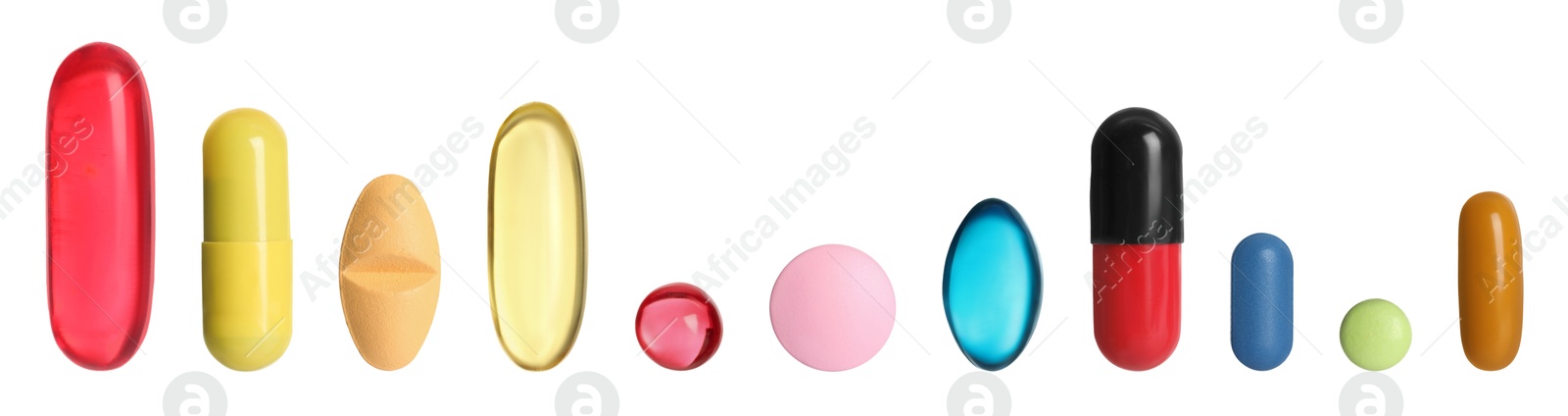 Different pills in row isolated on white, set Image of Different pills in row isolated on white, set