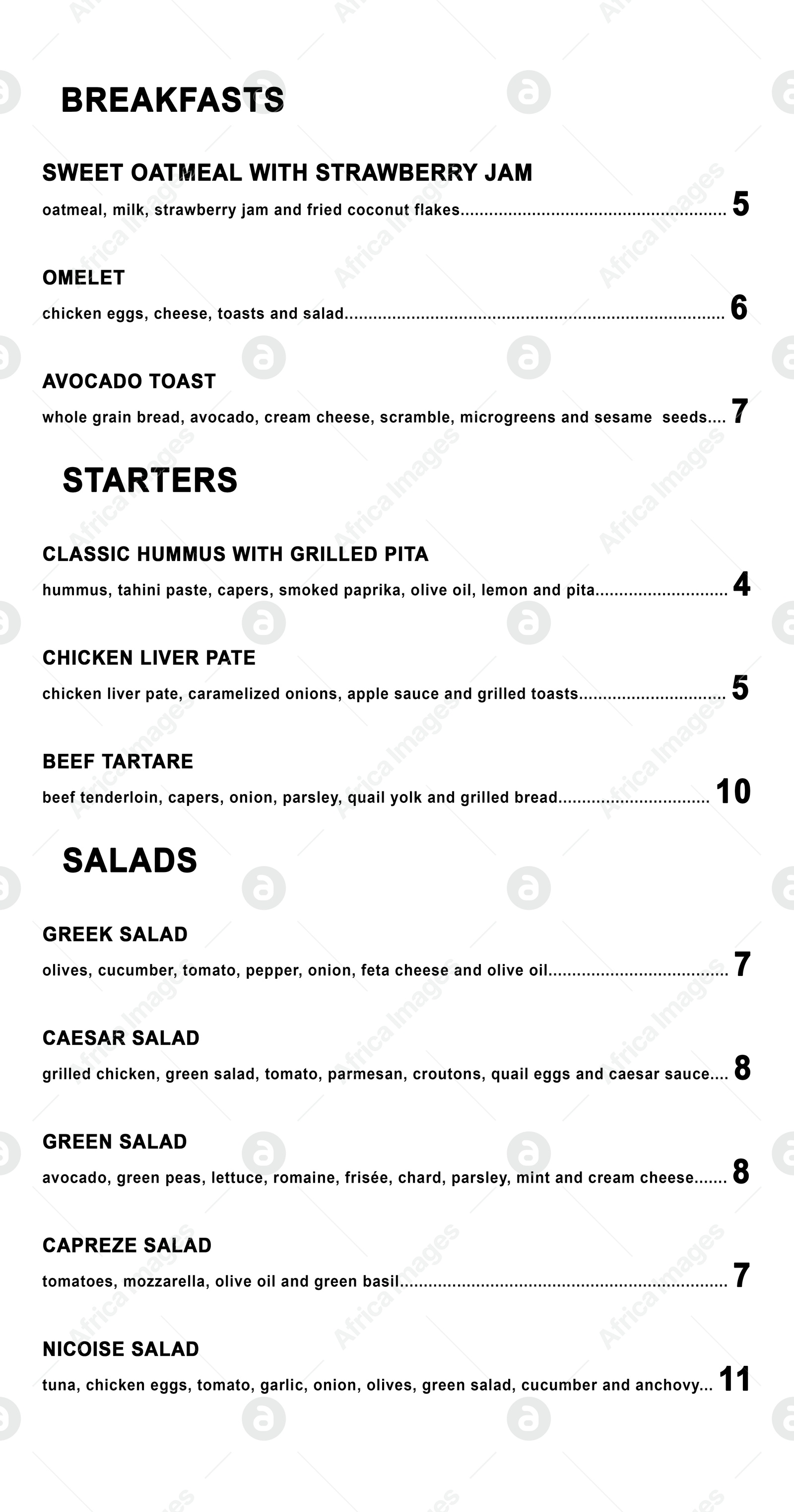 Image of Menu with breakfasts, starters and salads, text on white background