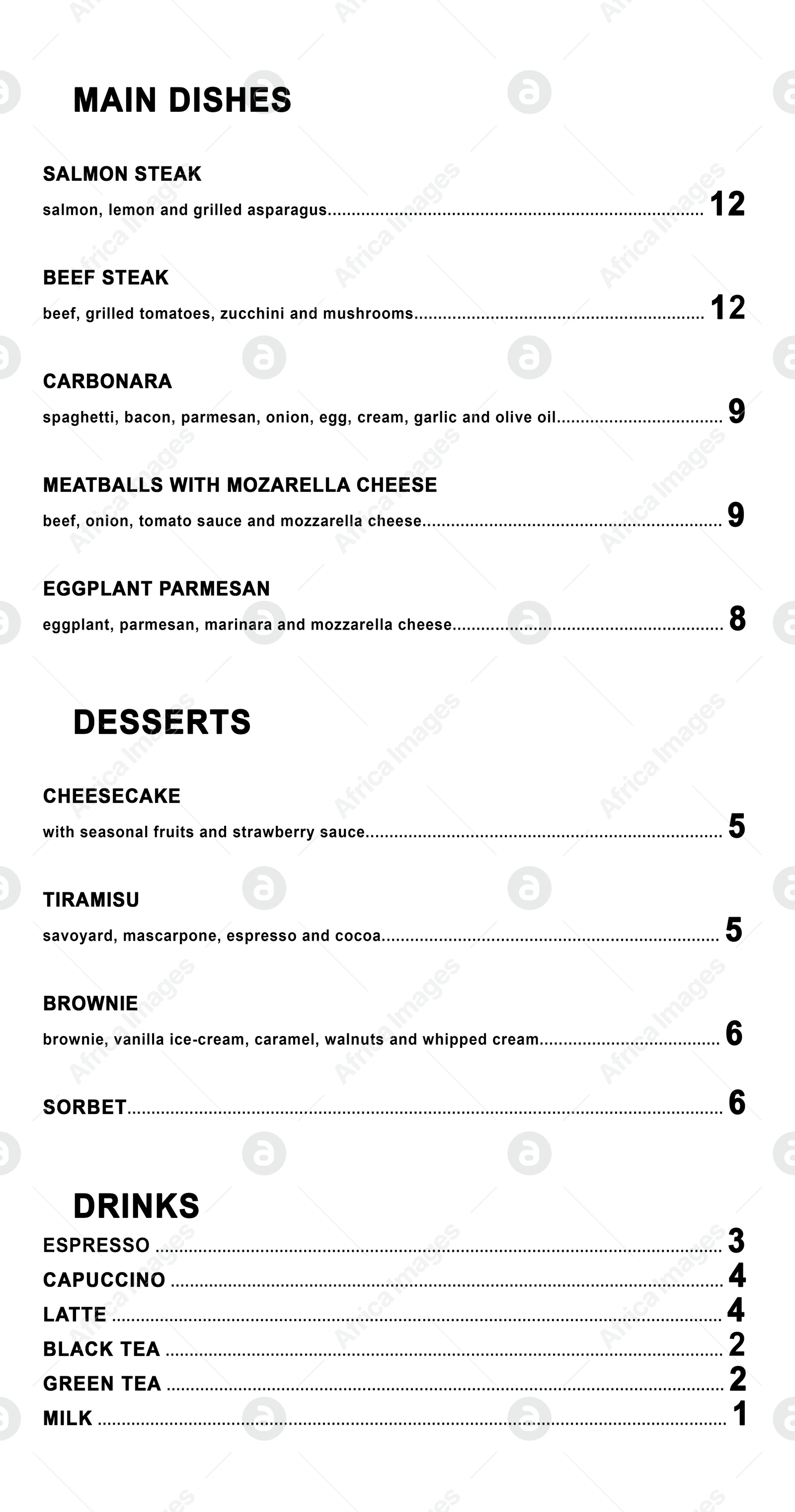 Image of Menu with main dishes, desserts and drinks, text on white background