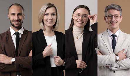 Business people, collage. Portraits on different colors backgrounds