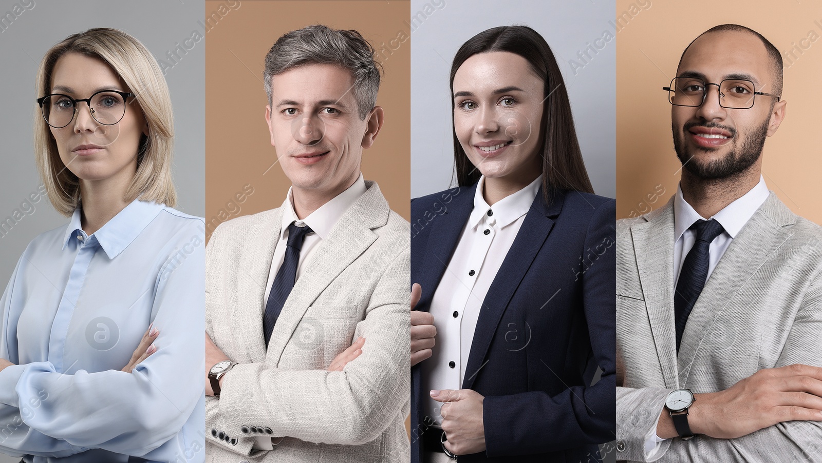 Image of Business people, collage. Portraits on different colors backgrounds