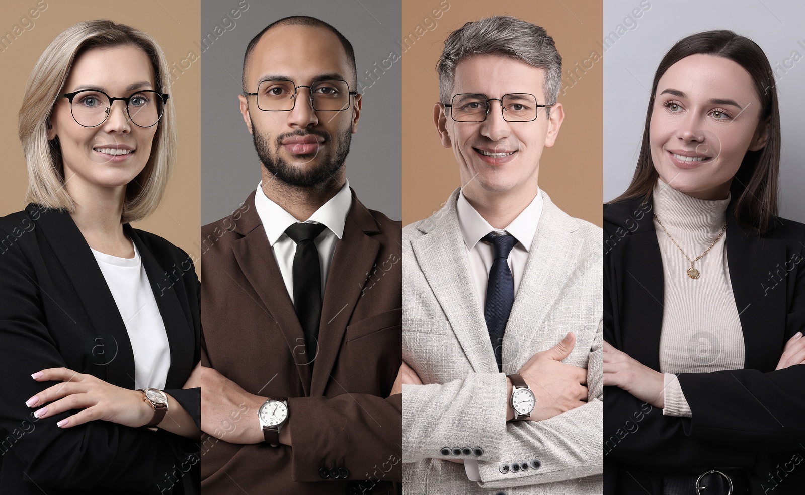 Image of Business people, collage. Portraits on different colors backgrounds