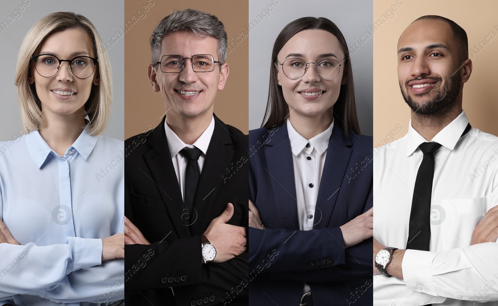 Image of Business people, collage. Portraits on different colors backgrounds