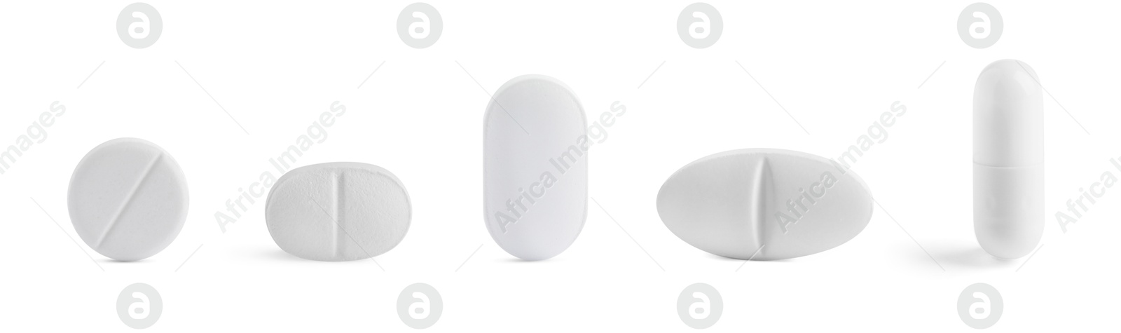 Different pills in row isolated on white, set Image of Different pills in row isolated on white, set