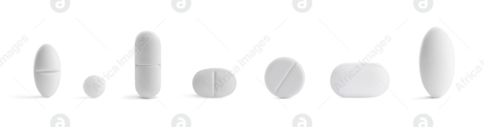 Different pills in row isolated on white, set Image of Different pills in row isolated on white, set