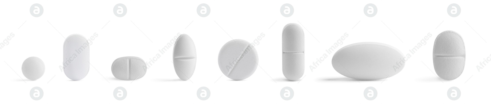 Different pills in row isolated on white, set Image of Different pills in row isolated on white, set