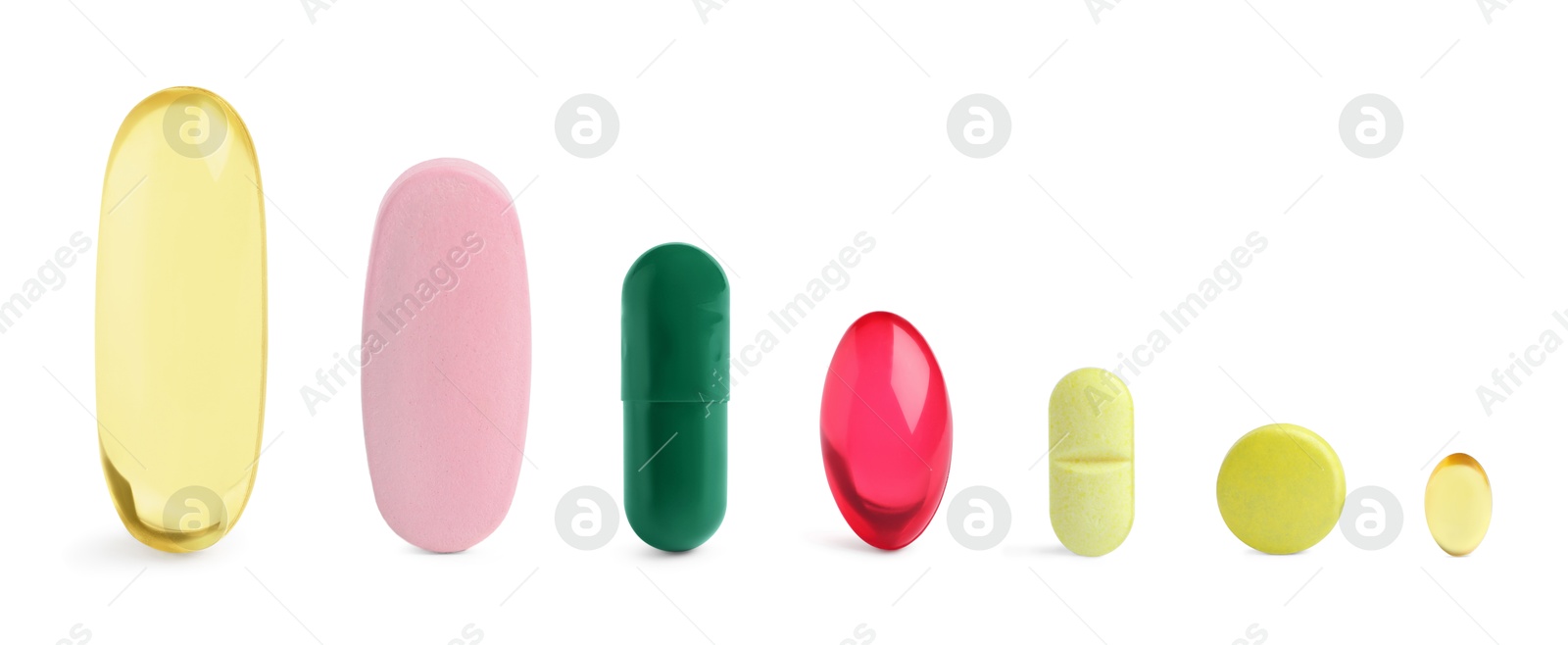 Different pills in row isolated on white, set Image of Different pills in row isolated on white, set