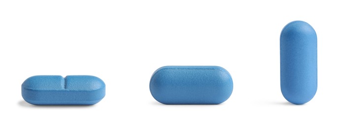 Image of Blue pill isolated on white, different sides