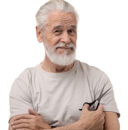 Photo of Bearded senior man holding scissors on white background