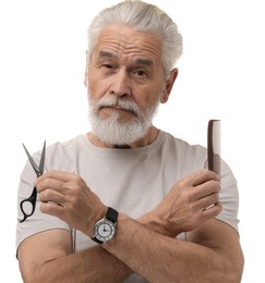 Photo of Bearded senior man holding comb and scissors on white background