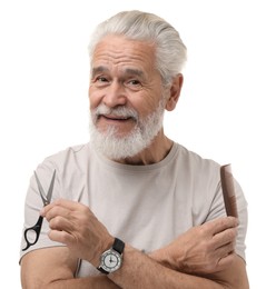 Photo of Bearded senior man holding comb and scissors on white background