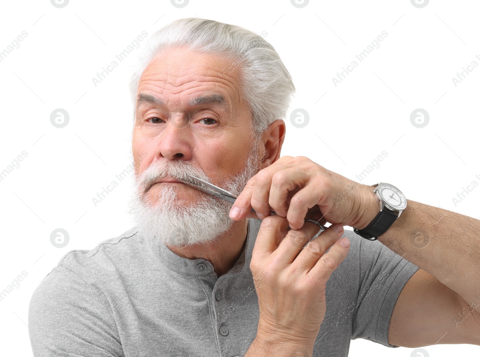 Photo of Senior man trimming beard with scissors on white background